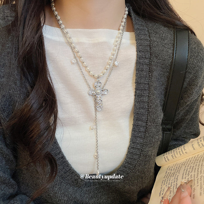 Layered White Pearl Look Cross Pendant Necklace with Metal Tone Details