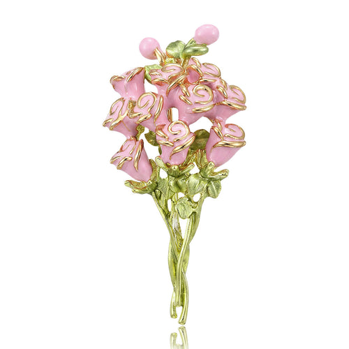 Light pink enamel rose bouquet brooch gold stems on white
