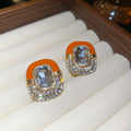 Crystal Framed Enamel Oval Stud Earrings Decorative Jewelry Design view 7