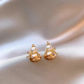 Gold Tone Gourd Stud Earrings with Pearl Look Tops view 3