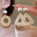 Woven Rattan Drop Earrings in Triangle and Round Styles view 1