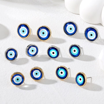 Blue Evil Eye Round Stud Earrings Gold Silver 6 Rim Styles