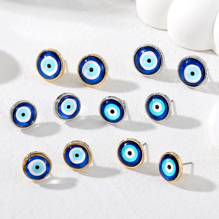 Blue Evil Eye Round Stud Earrings Gold Silver 6 Rim Styles