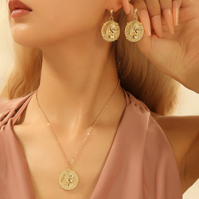 Embossed Portrait Coin Necklace and Earring Jewelry Sets