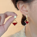 Gold Mismatched Red Enamel Geometric Diamond Drop Earrings view 1