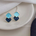 Gold-Rim Aqua Navy Stacked Marbled Square Stud Earrings view 3