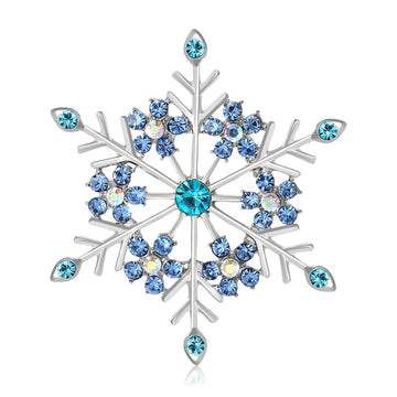 Blue Rhinestone Snowflake Brooch Silver Tone Crystal Pin
