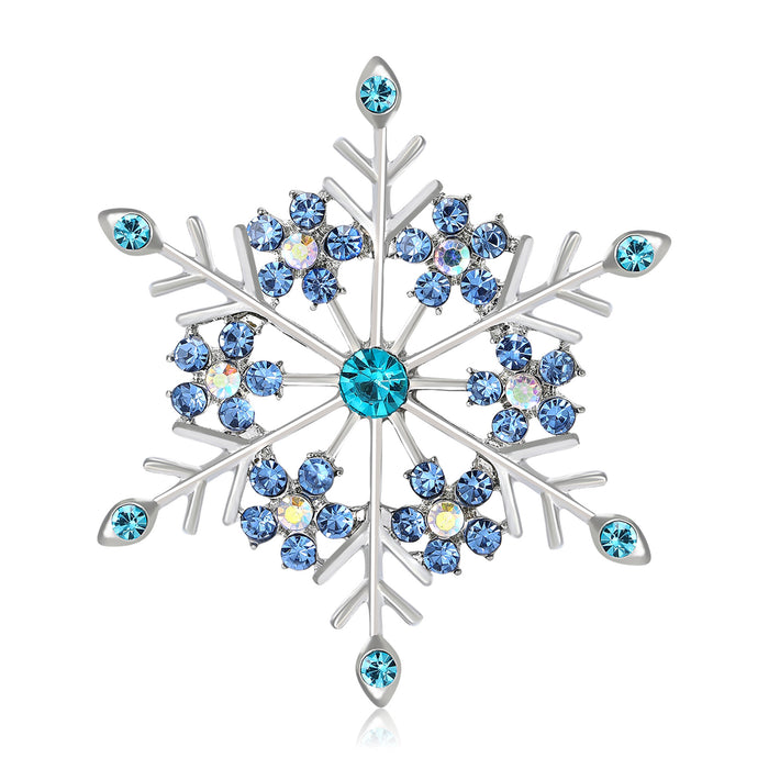 Blue Rhinestone Snowflake Brooch Silver Tone Crystal Pin