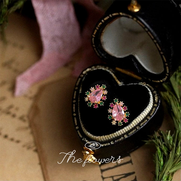 Gold Pink Teardrop Crystal Stud Earrings Multicolor Halo