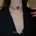 Gold Five Row Rhinestone Choker Magenta Heart Center view 3