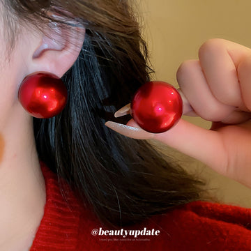 Glossy Red Oversized Round Ball Statement Stud Earrings