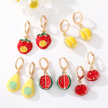 Gold Tone Colorful Enamel Fruit Huggie Drop Earrings
