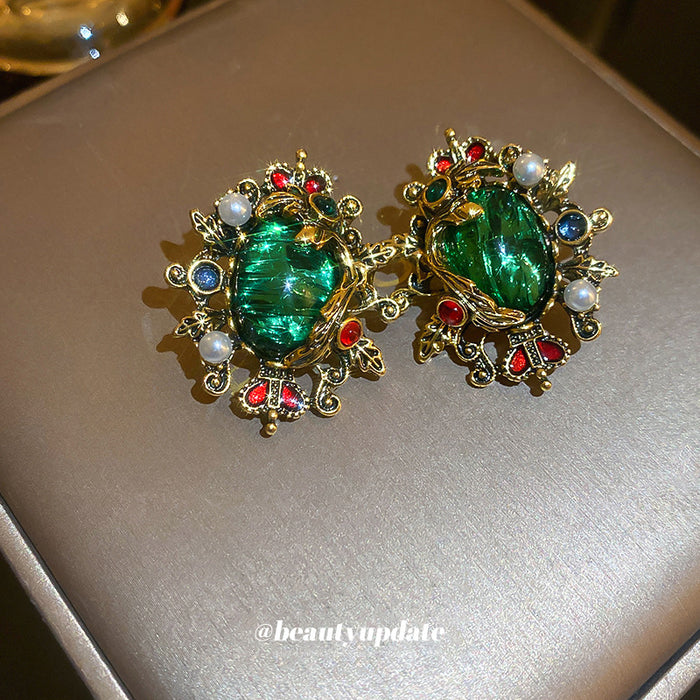 Green Crystal Crown Statement Stud Earrings For Women