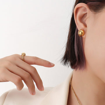 Gold Half-Sphere Dome Stud Earrings With Chain Detail