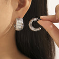 Ribbed Stripe C-Shape Hoop Earrings Gold Steel Pair view 3
