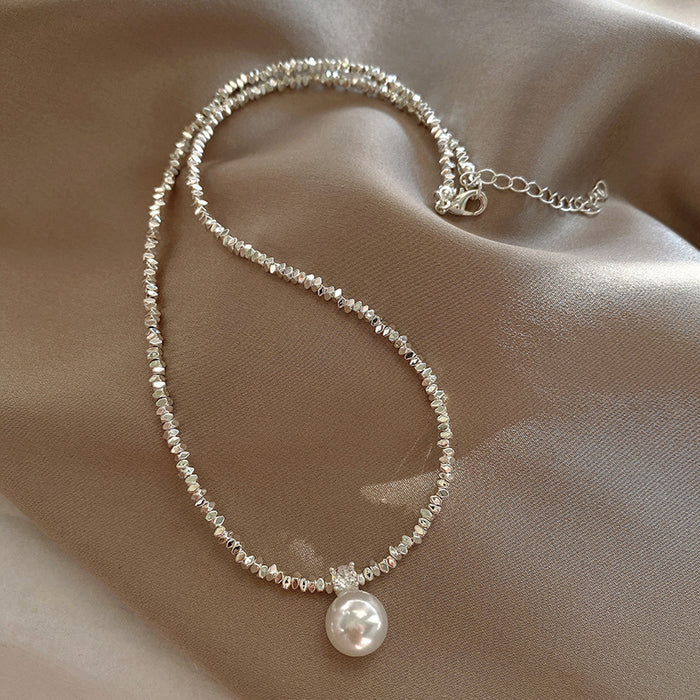 Silver Chip Bead White Pearl Drop Choker Necklace Piece