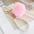 Faux Fur Pom-Pom Keychain with Faux Pearl Wristlet Strap view 6