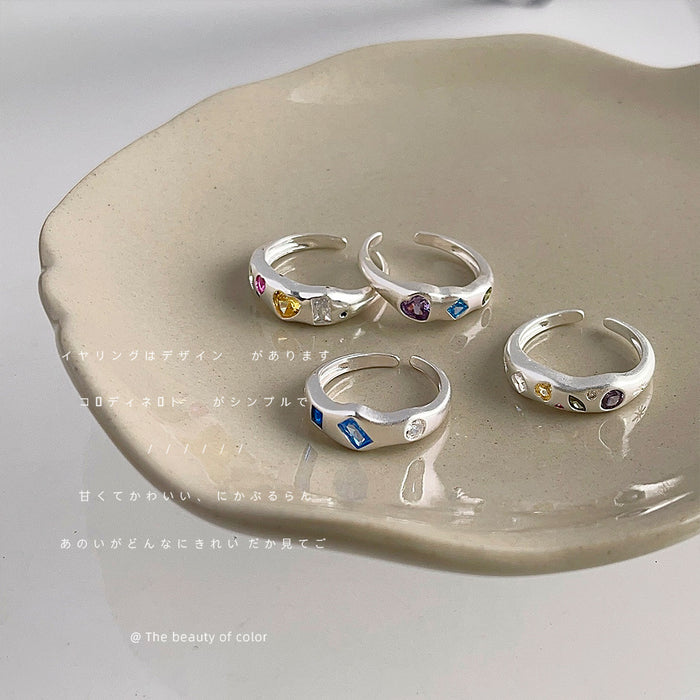 Silver Open Adjustable Rings Multicolor Mini Stone Inlays