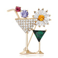 Two Cocktail Glass Brooch With Crystal Daisy in Gold or Silver Tone view 1