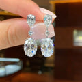 White Metal Pear Oval Clear Stone Dangle Drop Earrings view 1