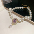 Layered Pearl Choker Necklace with Ornate Pink Crystal Pendant view 7