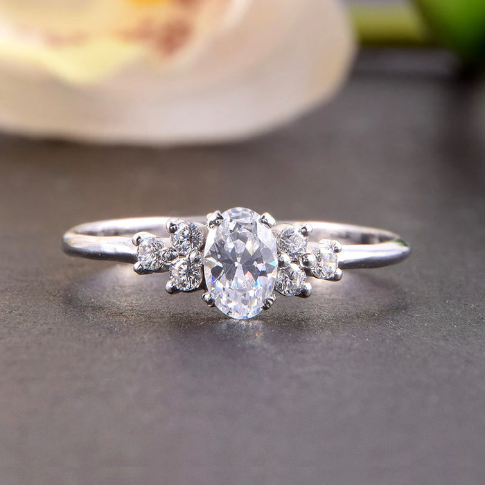 Silver Oval Clear Blue CZ Side Stone Finger Ring Sizes 6-10