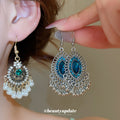 Blue Oval Beaded Fringe Hook Earrings with Polished Metal Details view 1