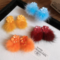 Flower Stud Earrings with Colorful Faux Fur Pom Poms view 3