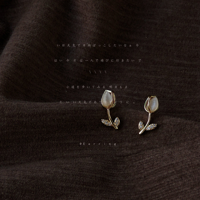 Gold Tone White Pearlescent Tulip Flower Stud Earrings For Women