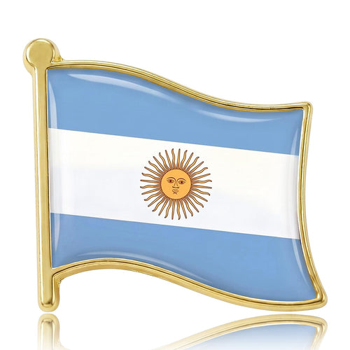 Front view of the argentina flag brooch in blue white and gold with polished metal detail on a white background