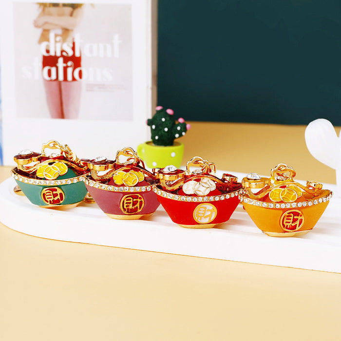 Jeweled Fortune Ingot Bowl Keychains in Four Colors with Braided Loops