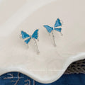 Silver Tone Blue Enamel Butterfly Stud Earrings Drip Edges view 3