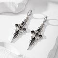 Silver Tone Gothic Cross Rose and Crystal Huggie Drop Earrings view 3