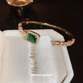 Gold Tone Green Rectangle Open Bangle With Clear Crystal Sides view 1