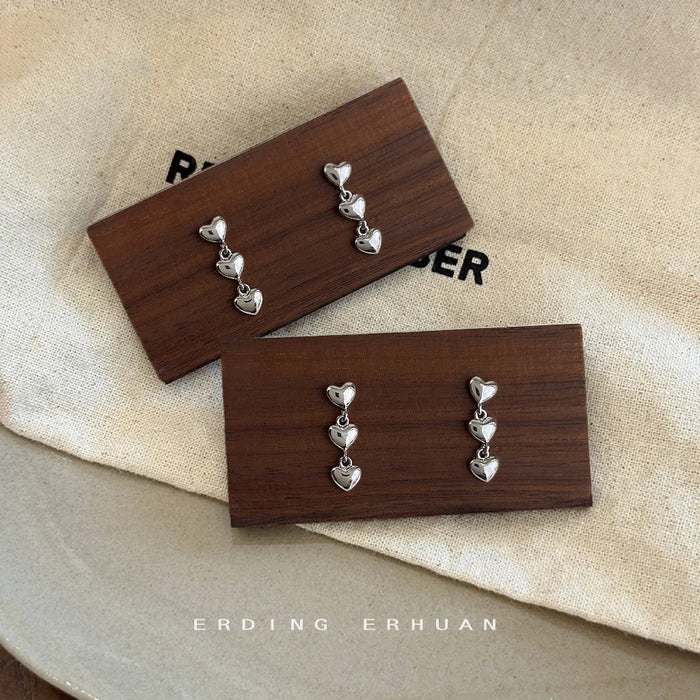 Silver Triple Linked Heart Drop Earrings Mini Chain