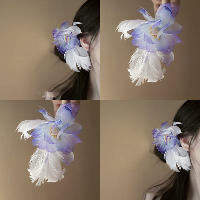 Purple White Fabric Flower And Feather Duckbill Hair Clip