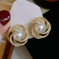 Gold Pearl Swirl Stud Earrings With Crystal Accents view 2