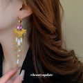 Purple Crystal Pearl Chain Chandelier Earrings in Gold Tone view 3