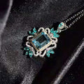 Aqua Rectangular Stone Leaf Cluster Pendant Necklace Silver Tone view 3