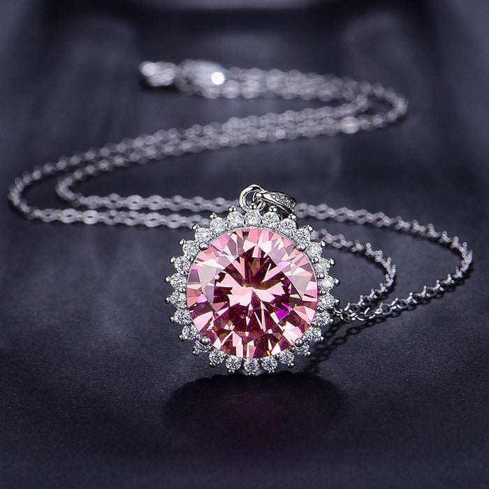Silver Tone Pink Sunburst Crystal Pendant Necklace