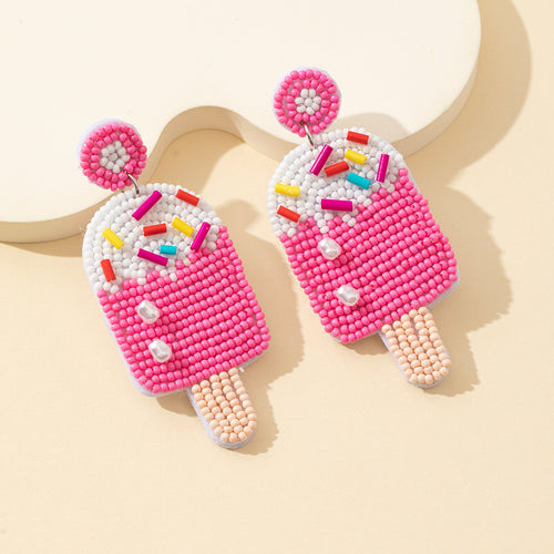 Hot pink beaded popsicle drop earrings with sprinkles and pearl accents