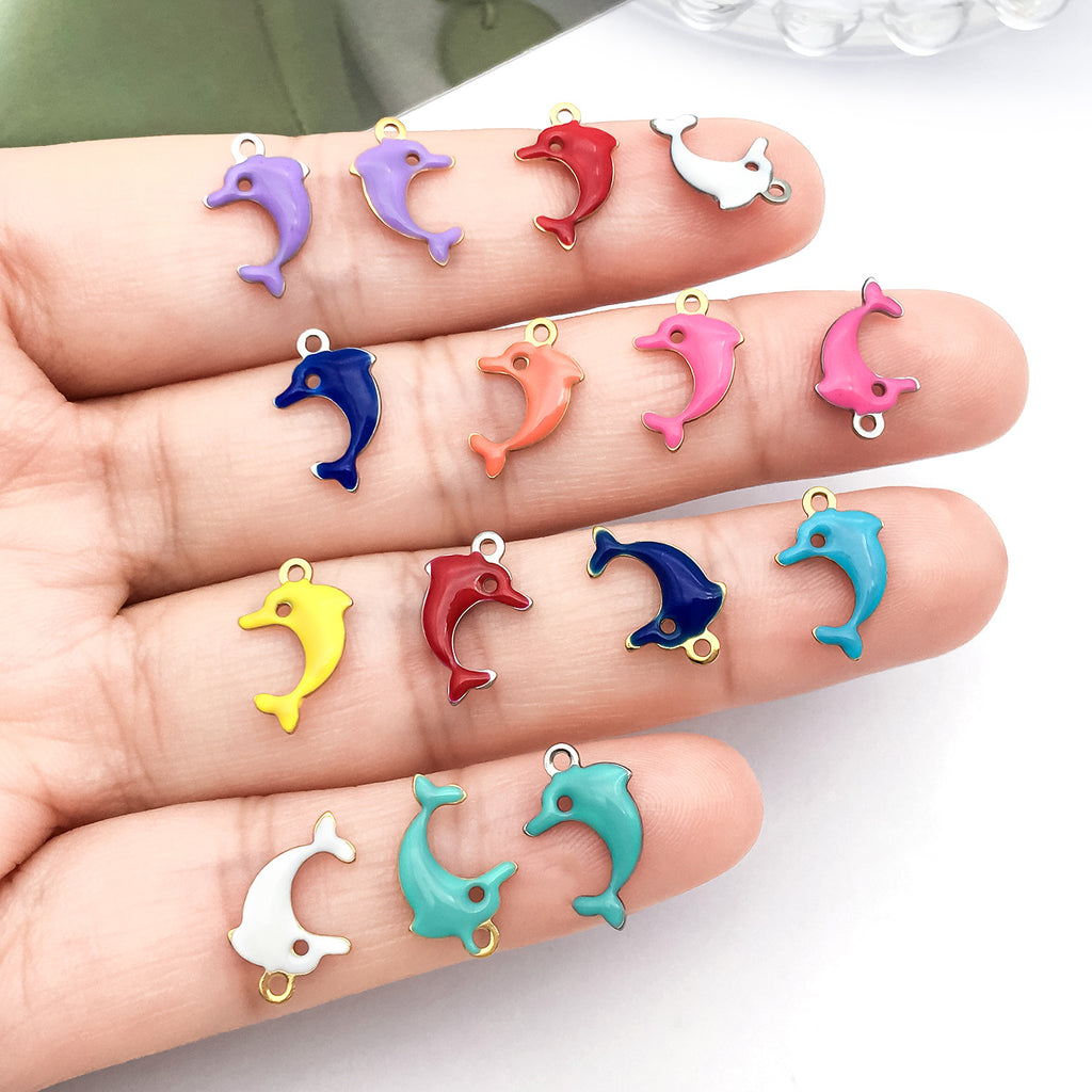 Enamel Stainless Steel Mini Dolphin Charm Pendant for DIY Necklace Earrings Jewelry