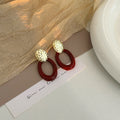 Burgundy Double Oval Textured Gold Top Stud Earrings view 2