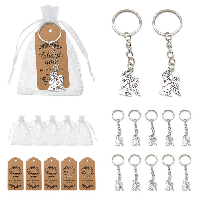 Kneeling Angel Metal Keychain, Organza Bag And Thank You Tag Set