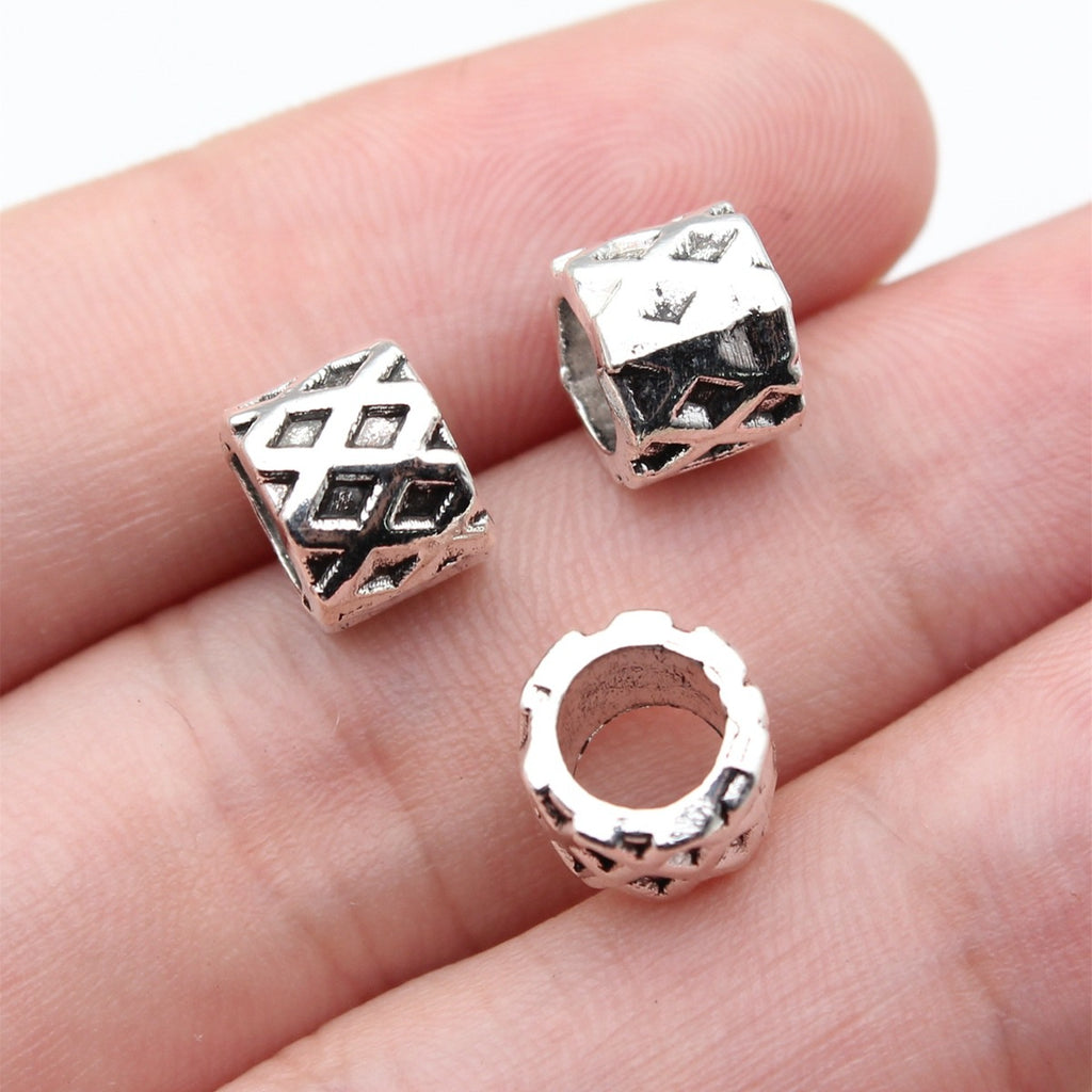8.9x8.9x7.3mm 1.4g Antique Silver Zinc Alloy Checkered Round Large Hole Spacer Beads for Bracelet Making