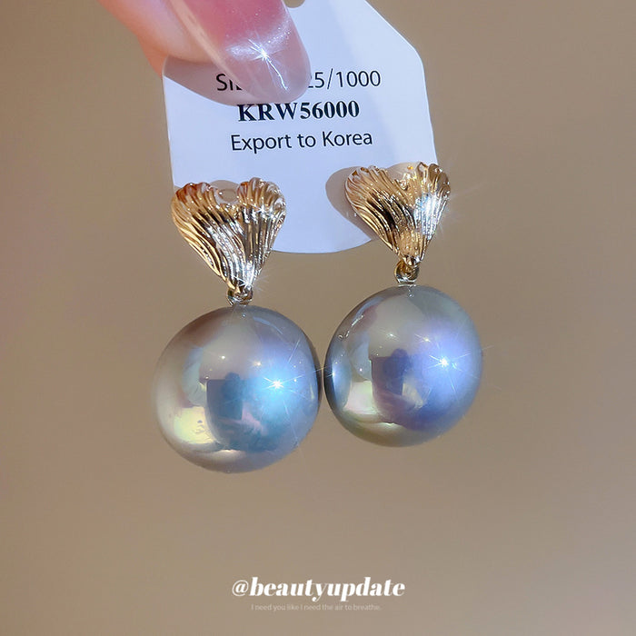 Gold Tone Heart Stud Earrings with Gray Pearl Drops