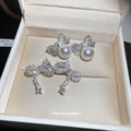 Silver Tone Crystal Bow and Pearl Earrings Statement Jewelry view 3
