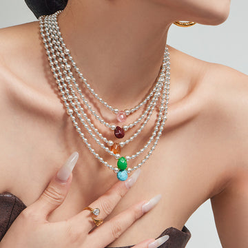 Pearl Bead Teardrop Stone Pendant Necklaces Five Color Styles