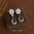 Gold Tone White Rose Pearl And Faceted Clear Teardrop Earrings view 3