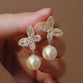 Gold and Silver Butterfly Crystal Pearl Drop Earrings view 1